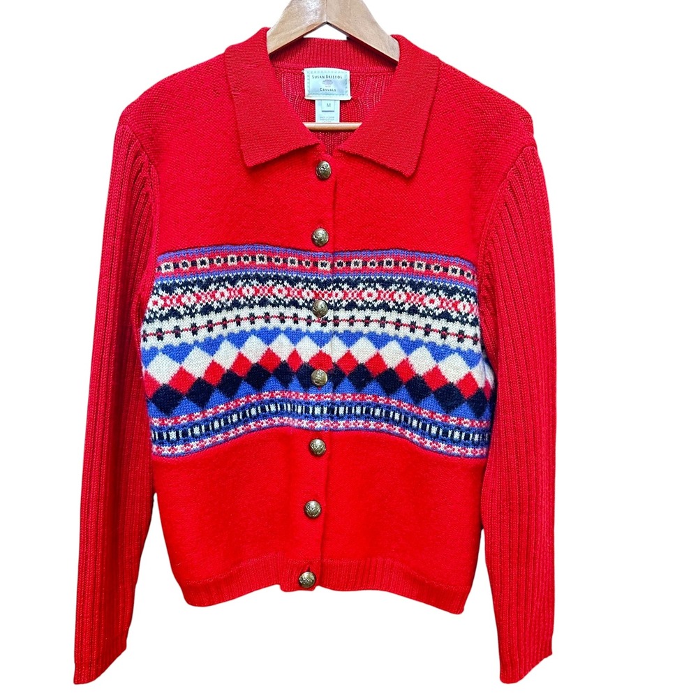 Vintage Susan Bristol Sweater Cardigan Grannycore Wool Red Cottagecore Classic M